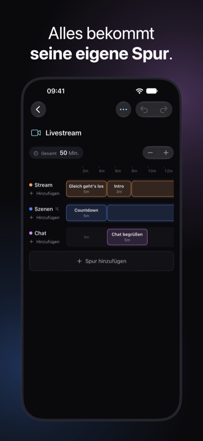 Alles bekommt seine eigene Spur. Der Editor mit dem Livestream: drei Spuren, Stream, Szenen und Chat, mit den Schritten vom ersten Teil des Streams auf einer Zeitleiste, insgesamt 50 Min.