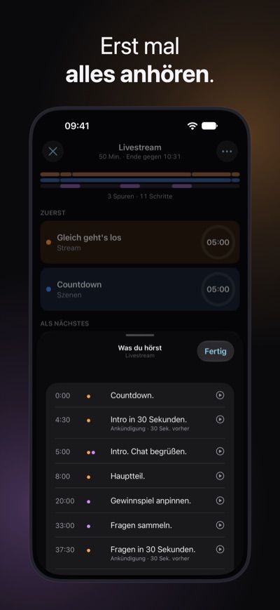 Erst mal alles anhören. Was du hörst für den Livestream vor dem Start: jeder Satz, den Polycue sagen wird, jeweils mit seiner Zeit, ab dem Countdown.