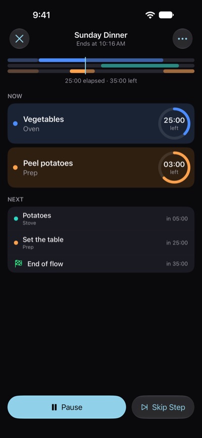 The Polycue player running Sunday Dinner, with the end time at the top, Vegetables and Peel potatoes under Now with the time each has left, and Potatoes and Set the table under Next.