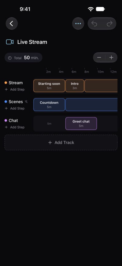 The editor with Live Stream: three tracks, Stream, Scenes and Chat, with the steps of the stream's first part on one timeline, 50 min in total.
