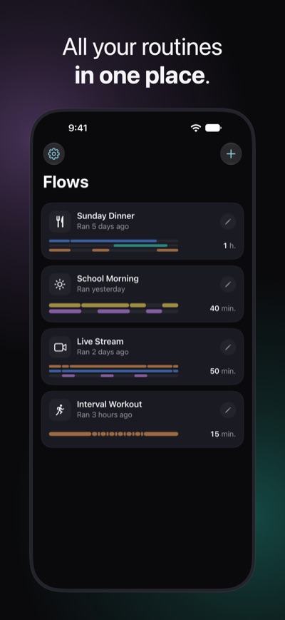 All your routines in one place. The library of flows: Sunday Dinner, School Morning, Live Stream and Interval Workout, each with a small timeline of its tracks and its total time.