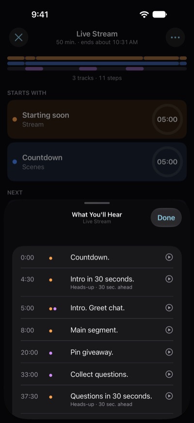 What You'll Hear for Live Stream before the start: every sentence Polycue will say, each with its time, from the countdown on.