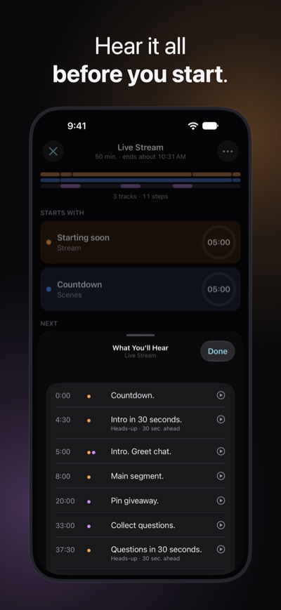 Hear it all before you start. What You'll Hear for Live Stream before the start: every sentence Polycue will say, each with its time, from the countdown on.