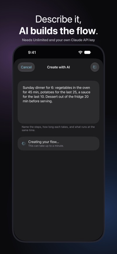 Describe it, AI builds the flow. Create with AI while it builds a flow from a typed description of a Sunday dinner for six with vegetables in the oven, potatoes, a sauce and dessert.